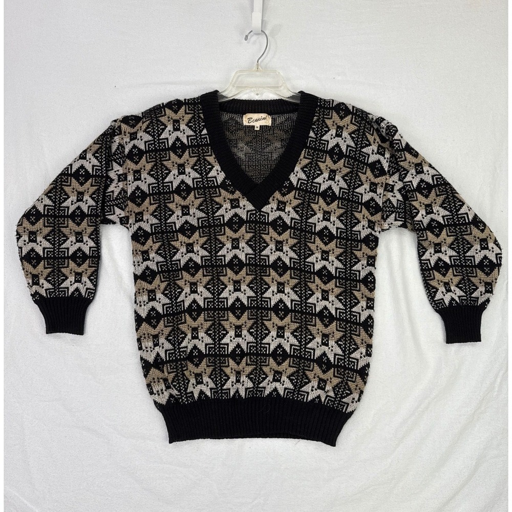 Bennini Vintage Geometric Pattern Sweater V Neck‎ Knitwear Size M